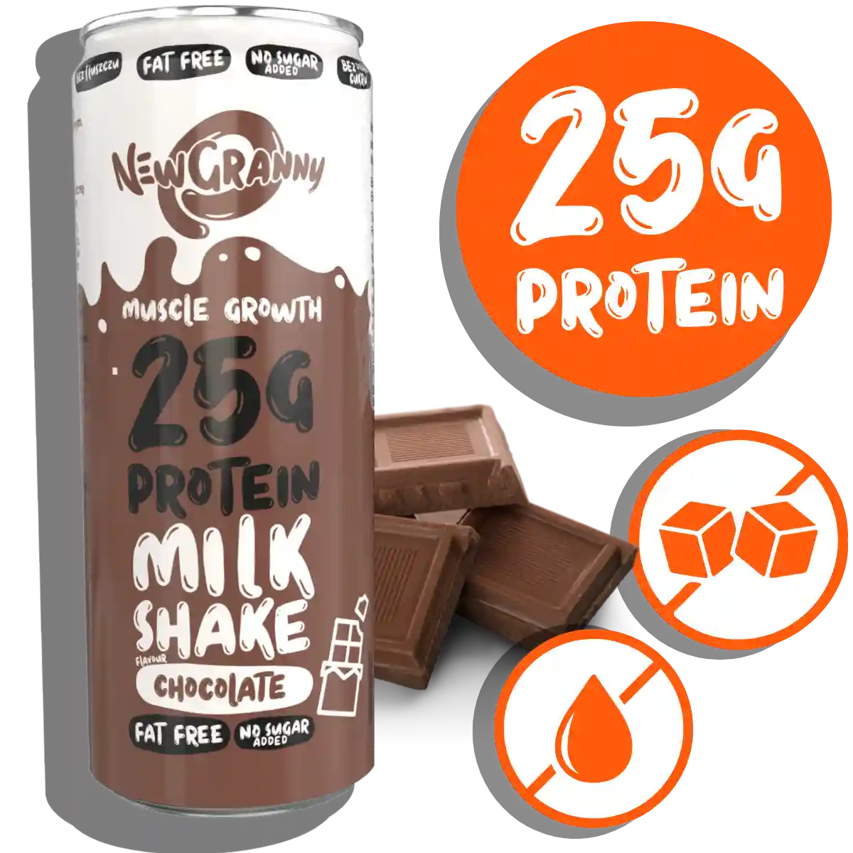 NewGranny Protein MilkShake Chocolate – puszka 250 ml, 25 g białka, bez cukru, gotowe do picia