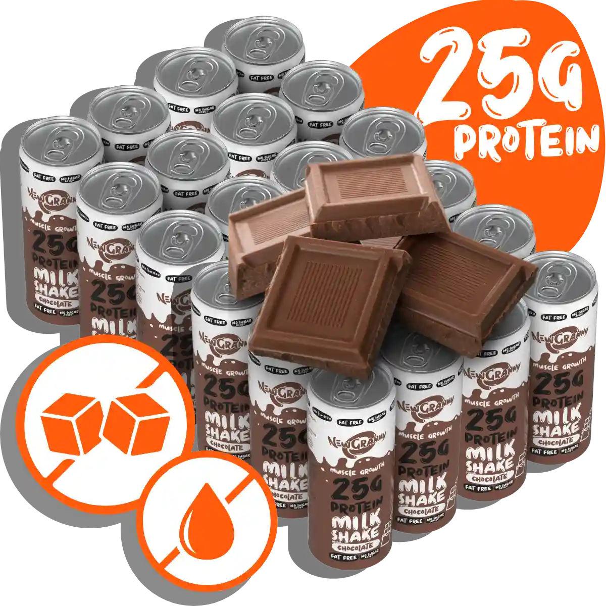 Karton 24 puszki × NewGranny Protein MilkShake Chocolate - dla domu, firmy lub siłowni