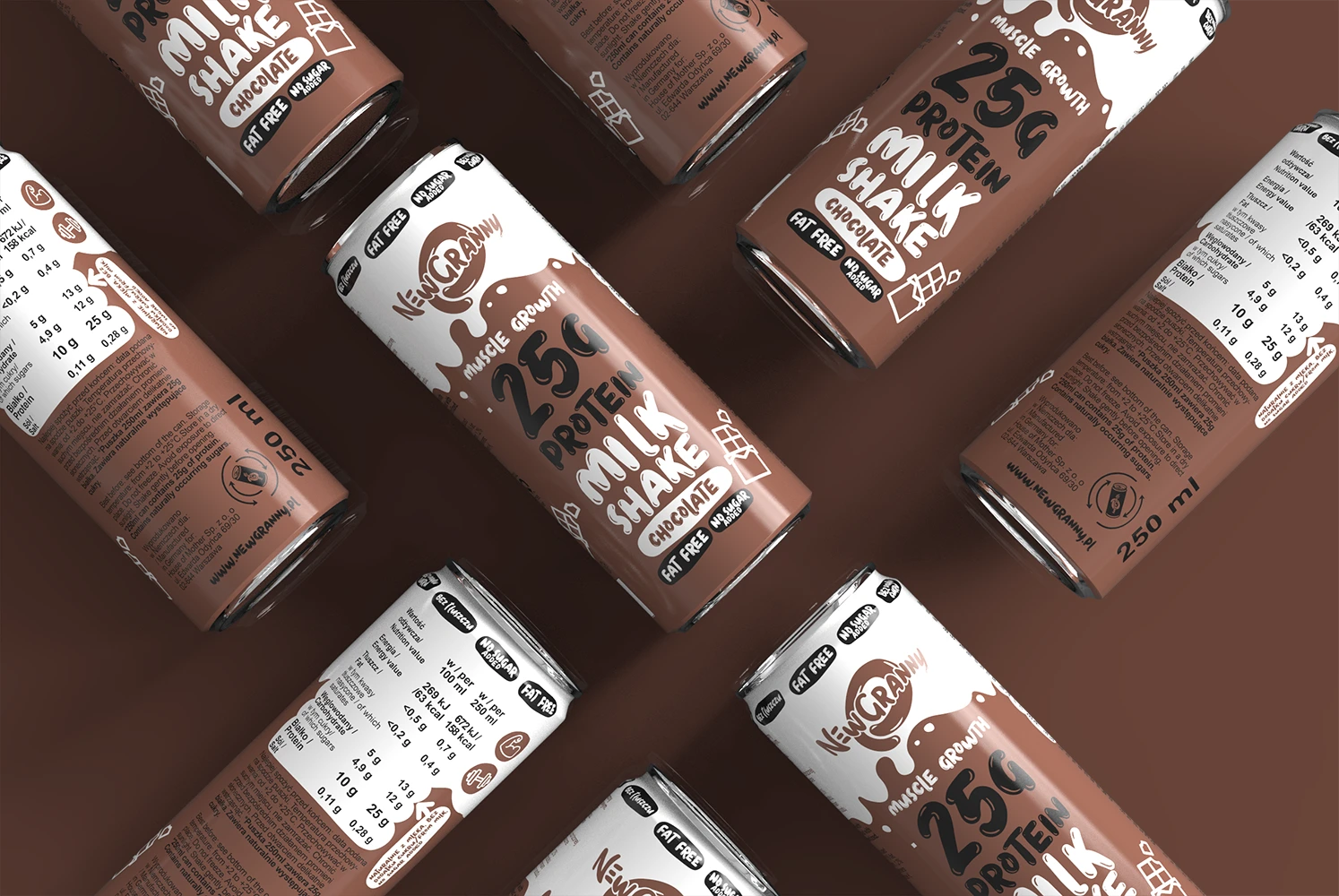 Mleczne shake proteinowe NewGranny Smak Czekolada 25g białka w puszce. 154 kcal zero tłuszczu, zero dodanego cukru