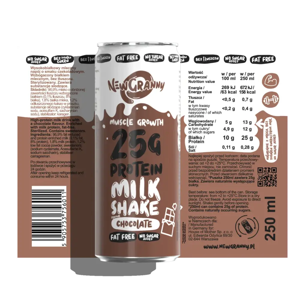 etykieta napoju czekoladowego, napój proteinowy o smaku czekoladowym, 25 g białka w każdej puszce, bez cukru i bez tłuszczu, opis produktu