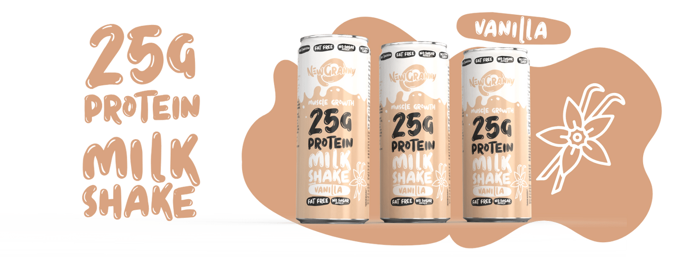 NewGranny Protein MilkShake 25g Wanilia 154kcal na puszkę 25g białka na puszkę. Brak dodanego cukru, zero tłuszczu. Protein drink. Gotowy do picia. Puszka 250ml. Nie wymaga przechowywania w lodówce. Długi Termin przydatności. Super smaczne! 