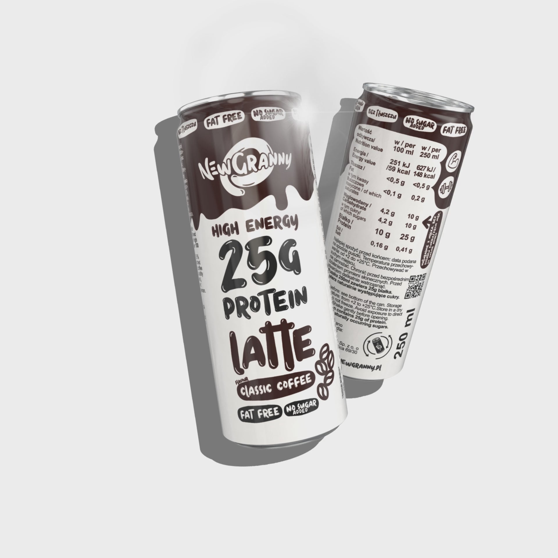 Mleczny wysoko proteinowy napój energetyzujący NewGranny 25g Protein Latte zawiera 25mg kofeiny na puszkę, 25g białka. 148kcal na puszkę 250ml