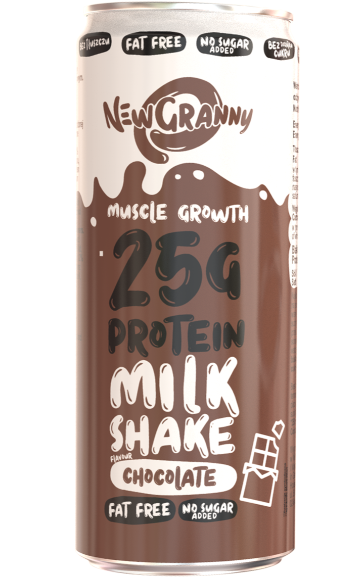 Puszka 250 ml NewGranny Protein MilkShake Chocolate - napój proteinowy o smaku czekoladowym, 25 g białka, bez cukru i bez tłuszczu